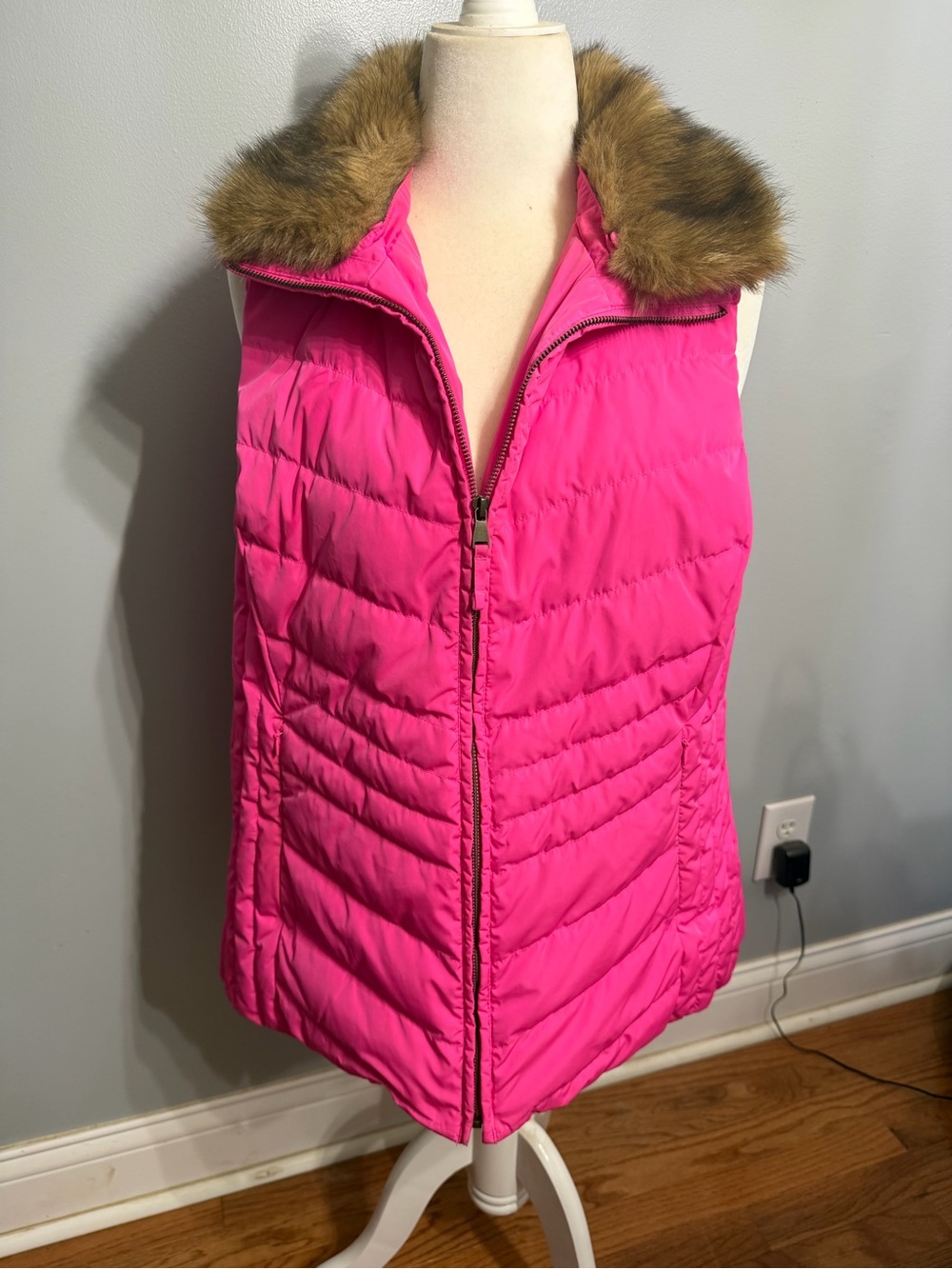 Talbots Hot Pink Quilted Puffer Vest with Faux Fur Collar